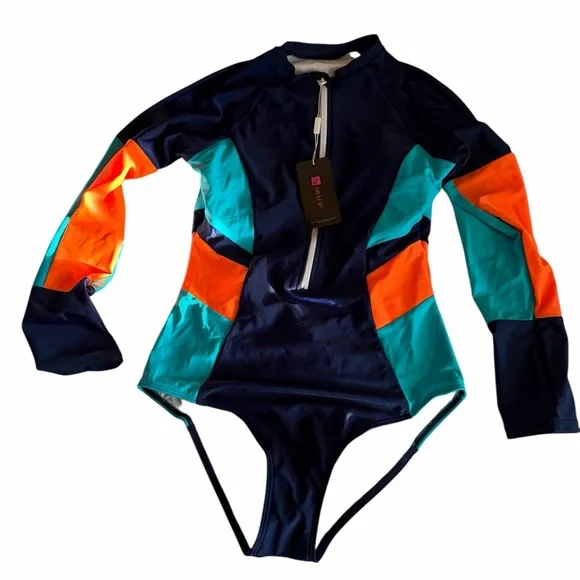 Long-Sleeve Colorblock Zip Front One-Piece Swimsuit - Navy, Teal & Orange - Picture 2 of 8